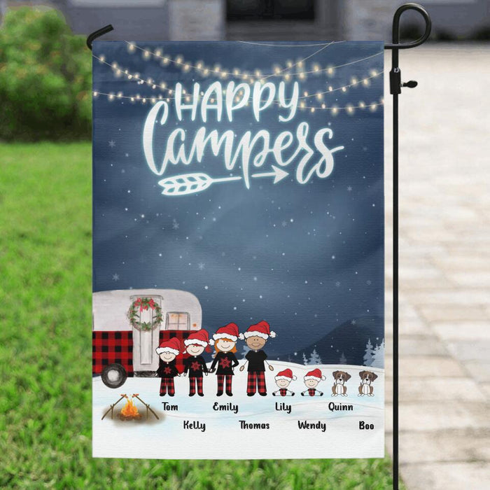 Personalized Christmas Camping Family Flag - Couple/Parents with up to 4 Children and 2 Pets - Christmas Gift For Couple/Family - Happy Campers