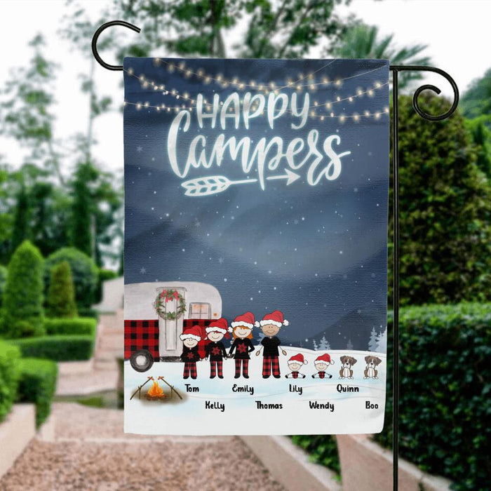 Personalized Christmas Camping Family Flag - Couple/Parents with up to 4 Children and 2 Pets - Christmas Gift For Couple/Family - Happy Campers