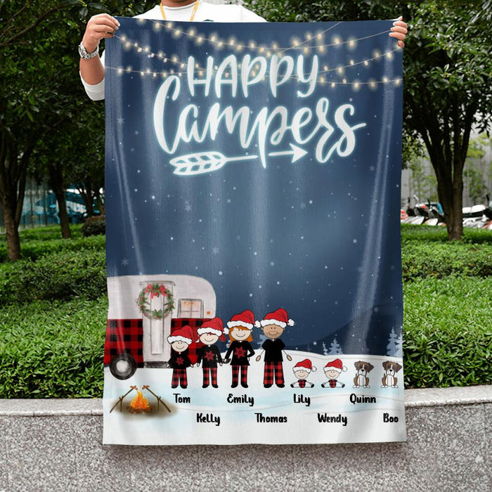 Personalized Christmas Camping Family Flag - Couple/Parents with up to 4 Children and 2 Pets - Christmas Gift For Couple/Family - Happy Campers