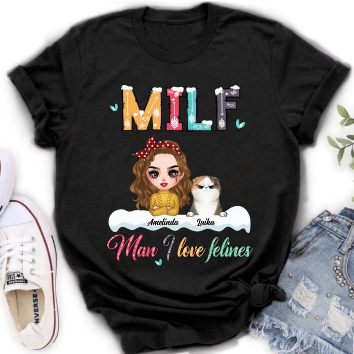 Personalized Cat Mom Winter T-shirt/Long Sleeve/Sweatshirt/Hoodie - Gift Idea For Cat Lover With Up to 4 Cats - Christmas/Winter Gift - MILF Man I Love Felines