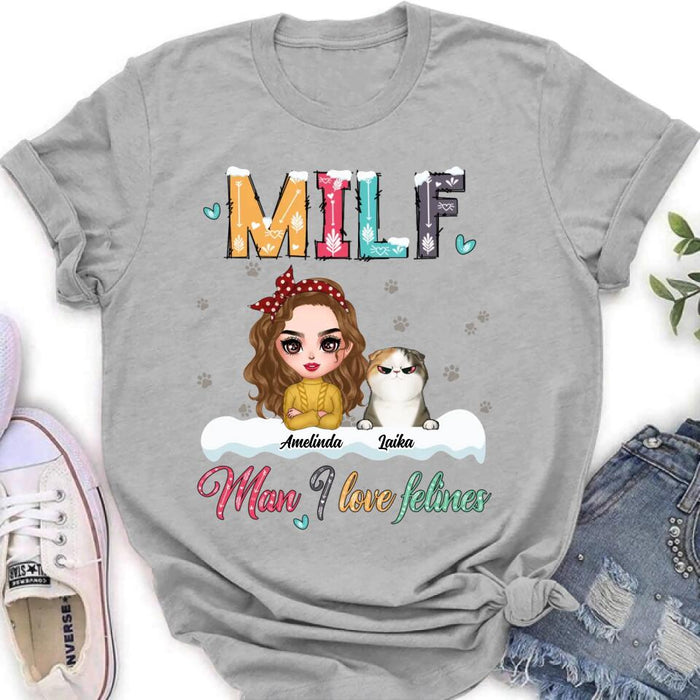 Personalized Cat Mom Winter T-shirt/Long Sleeve/Sweatshirt/Hoodie - Gift Idea For Cat Lover With Up to 4 Cats - Christmas/Winter Gift - MILF Man I Love Felines