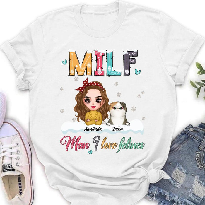 Personalized Cat Mom Winter T-shirt/Long Sleeve/Sweatshirt/Hoodie - Gift Idea For Cat Lover With Up to 4 Cats - Christmas/Winter Gift - MILF Man I Love Felines