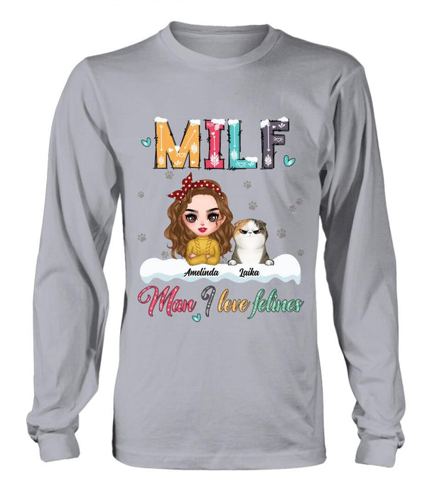 Personalized Cat Mom Winter T-shirt/Long Sleeve/Sweatshirt/Hoodie - Gift Idea For Cat Lover With Up to 4 Cats - Christmas/Winter Gift - MILF Man I Love Felines