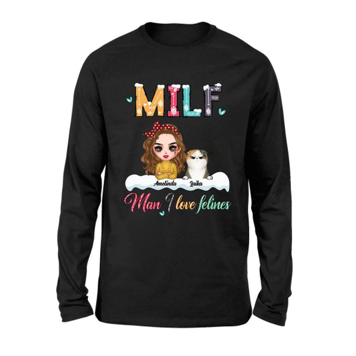 Personalized Cat Mom Winter T-shirt/Long Sleeve/Sweatshirt/Hoodie - Gift Idea For Cat Lover With Up to 4 Cats - Christmas/Winter Gift - MILF Man I Love Felines