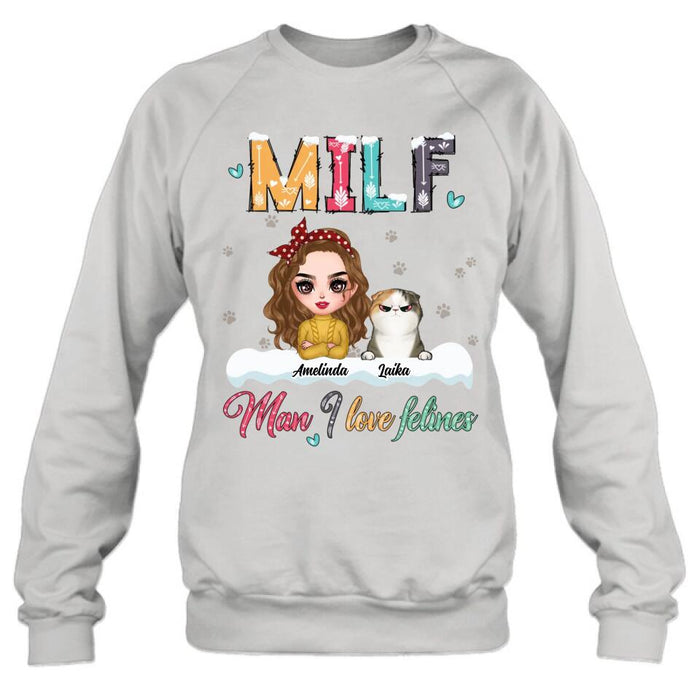 Personalized Cat Mom Winter T-shirt/Long Sleeve/Sweatshirt/Hoodie - Gift Idea For Cat Lover With Up to 4 Cats - Christmas/Winter Gift - MILF Man I Love Felines