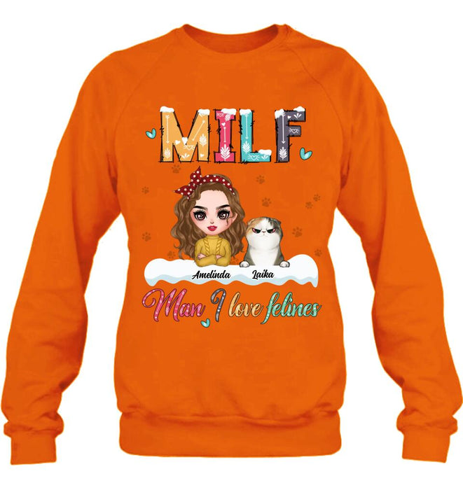 Personalized Cat Mom Winter T-shirt/Long Sleeve/Sweatshirt/Hoodie - Gift Idea For Cat Lover With Up to 4 Cats - Christmas/Winter Gift - MILF Man I Love Felines