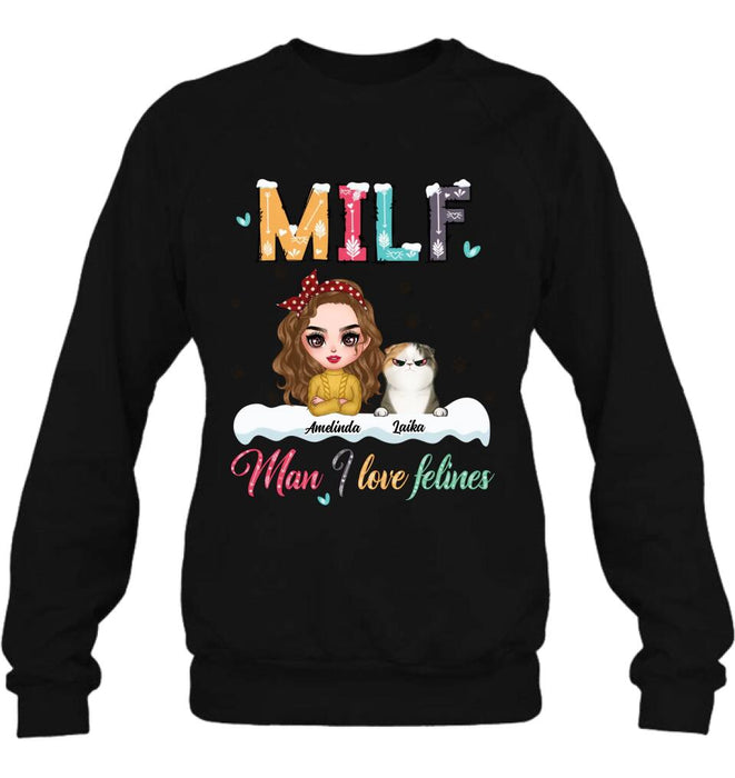Personalized Cat Mom Winter T-shirt/Long Sleeve/Sweatshirt/Hoodie - Gift Idea For Cat Lover With Up to 4 Cats - Christmas/Winter Gift - MILF Man I Love Felines