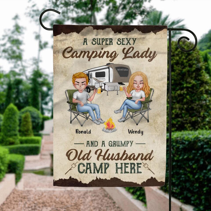 Personalized Camping Couple Flag Sign - Gift Idea For Couple/Camping Lovers - A Super Sexy Camping Lady And A Grumpy Old Husband Camp Here