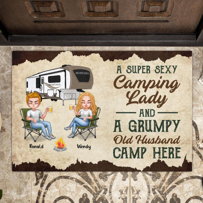 Personalized Camping Couple Doormat - Gift Idea For Couple/Camping Lover - A Super Sexy Camping Lady And A Grumpy Old Husband Camp Here