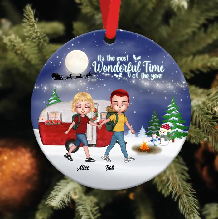 Custom Personalized Xmas Camping Couple Rectangle/Circle Wooden Ornament - Christmas Gift Idea For Couple - It's The Most Wonderful Time Of The Year