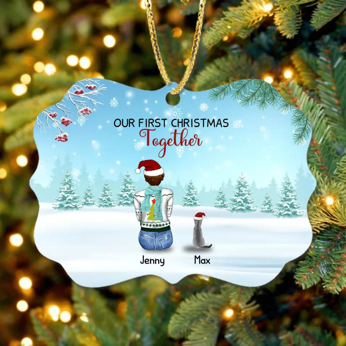 Personalized Christmas Family Rectangle Wooden/Acrylic Ornament - Best Gift Idea For Christmas/Family With Up To 3 Kids & 3 Pets - Our First Christmas Together