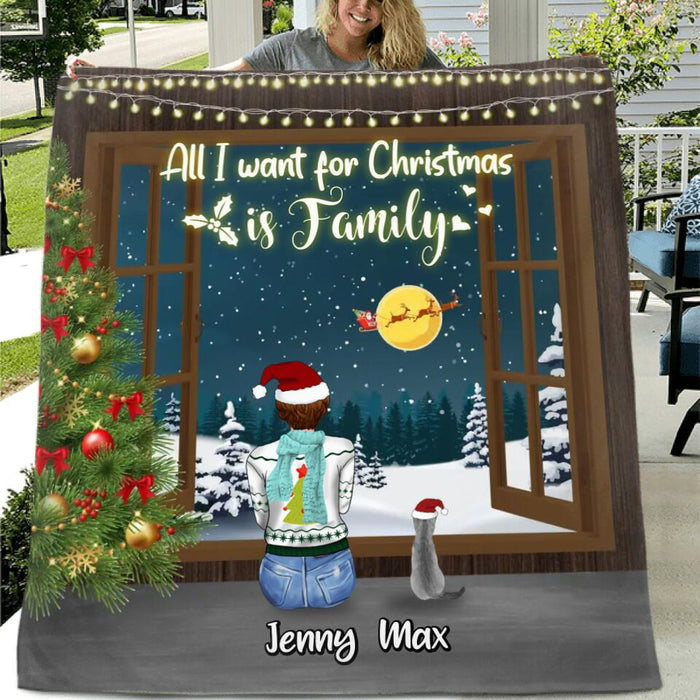 Personalized Christmas Family Quilt/Fleece Throw Blanket - Christmas Gift Idea For Family - Couple/Parents With Up To 3 Kids And 3 Pets - All I Want For Christmas Is Family