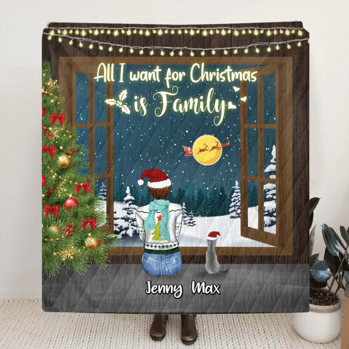 Personalized Christmas Family Quilt/Fleece Throw Blanket - Christmas Gift Idea For Family - Couple/Parents With Up To 3 Kids And 3 Pets - All I Want For Christmas Is Family