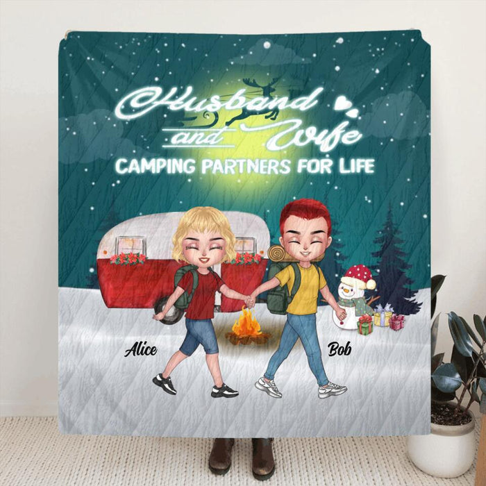 Personalized Xmas Camping Couple Fleece Throw Blanket/Quilt/Pillow Cover - Christmas Gift Idea For Couple - Husband And Wife Camping Partners For Life