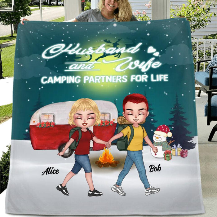 Personalized Xmas Camping Couple Fleece Throw Blanket/Quilt/Pillow Cover - Christmas Gift Idea For Couple - Husband And Wife Camping Partners For Life