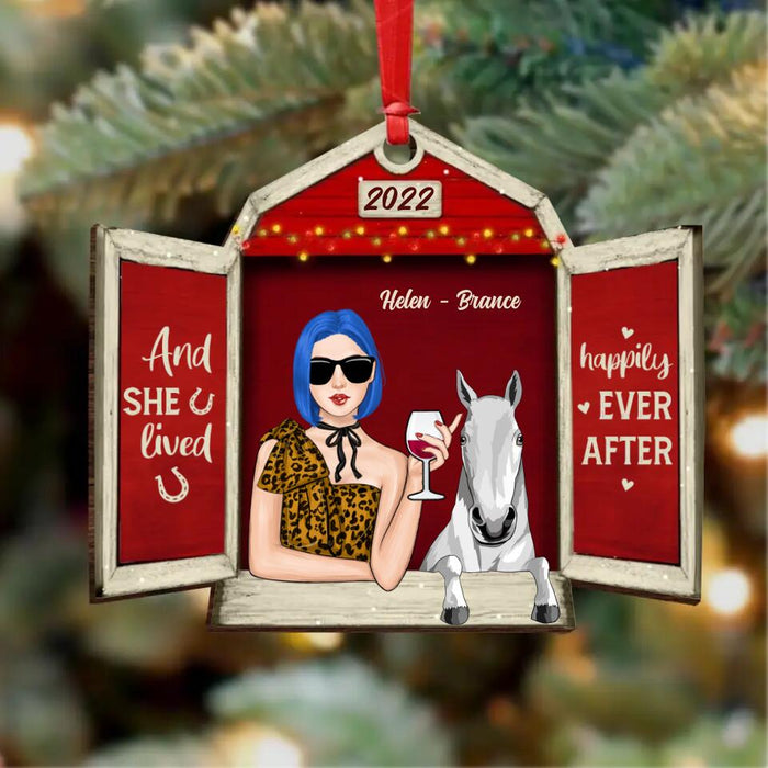 Personalized Girl & Horse At Barn Wooden Ornament - Up to 3 Horses - And She Lived Happily Ever After