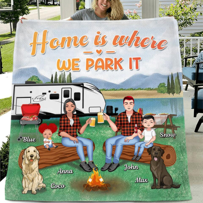 Personalized Camping Fleece/Quilt Blanket - Gift Idea For Family/Camping Lover - Couple/Parents With Up to 2 Kids And 4 Dogs - Home Is Where We Park It
