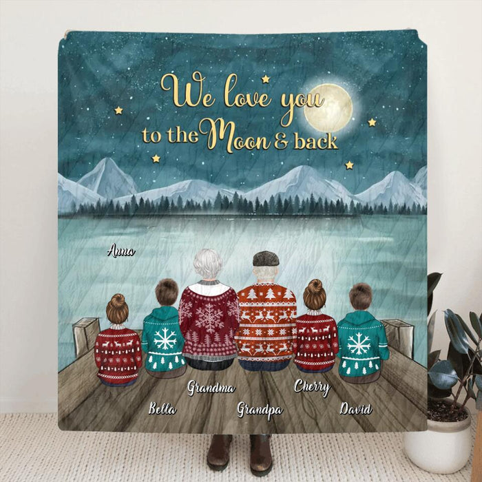 Personalized Grandparents & Grandkids Quilt/Fleece Throw Blanket - Gift Idea For Grandma/Grandma - Up to 4 Kids - We Love You To The Moon & Back