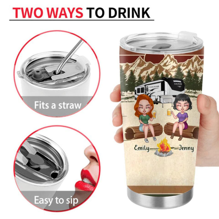 Personalized Camping Girls Tumbler - Up to 6 Friends - Gift Idea For Friends/Besties/Camping Lovers - Warning The Girls Are Camping & Boozinging Again