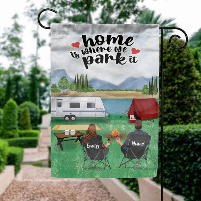 Personalized Camping Flag Sign - Gift Idea For Couple/Family/ Camping Lover - Couple/Parents With Up to 2 Kids And 3 Dogs - Home Is Where We Park It