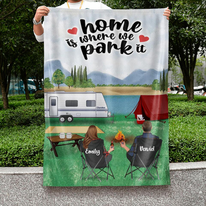 Personalized Camping Flag Sign - Gift Idea For Couple/Family/ Camping Lover - Couple/Parents With Up to 2 Kids And 3 Dogs - Home Is Where We Park It