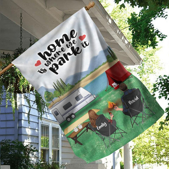 Personalized Camping Flag Sign - Gift Idea For Couple/Family/ Camping Lover - Couple/Parents With Up to 2 Kids And 3 Dogs - Home Is Where We Park It