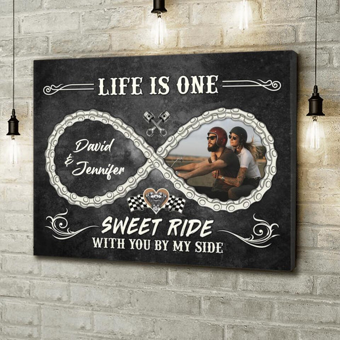 Personalized Motorcycle Chain Infinity Symbol Canvas - Gift Idea For Couple - Life Is One Sweet Ride With You By My Side