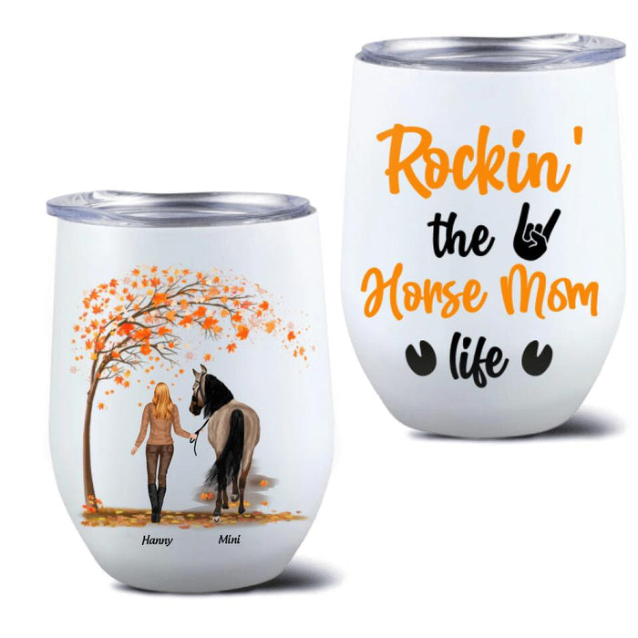 Personalized Horse Mom In Autumn Wine Tumbler - Girl With Up to 2 Horses - Best Gift For Horse Lover - Rocking The Horse Mom Life