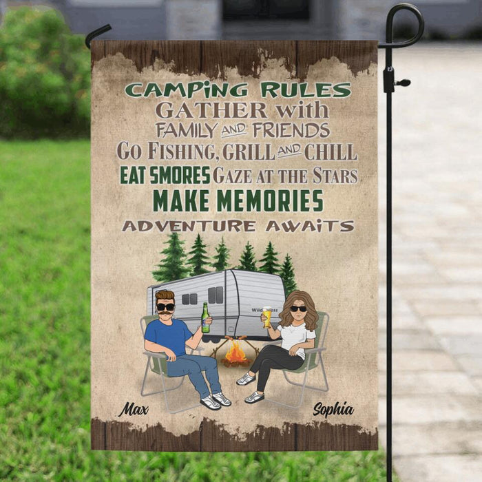 Personalized Couple Camping Flag Sign - Gift Idea For Couple/Camping Lovers - Camping Rules Gather With Family & Friends