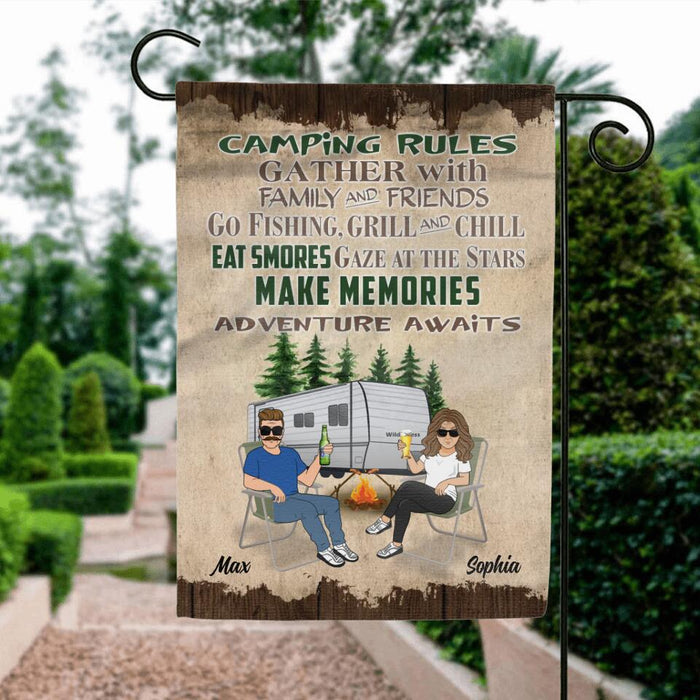 Personalized Couple Camping Flag Sign - Gift Idea For Couple/Camping Lovers - Camping Rules Gather With Family & Friends