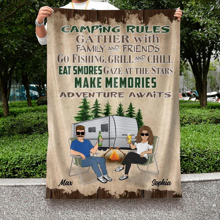 Personalized Couple Camping Flag Sign - Gift Idea For Couple/Camping Lovers - Camping Rules Gather With Family & Friends