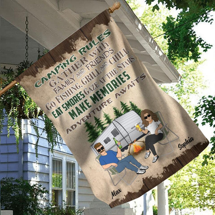 Personalized Couple Camping Flag Sign - Gift Idea For Couple/Camping Lovers - Camping Rules Gather With Family & Friends