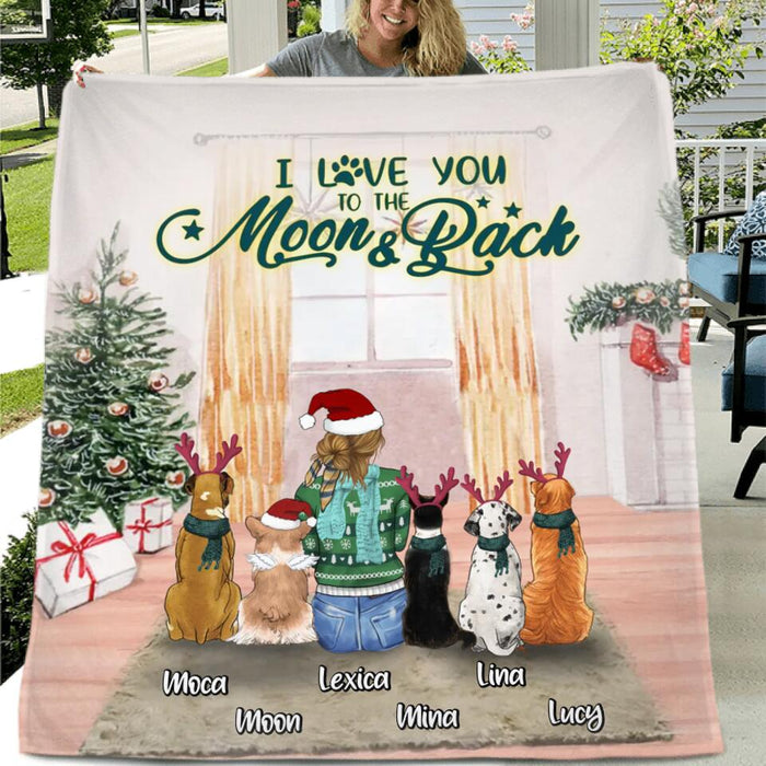Personalized Christmas Dog Mom Quilt/Fleece Blanket/Pillow Cover - Up to 5 Dogs - Gift Idea For Dog Lover/Dog Mom - I Love You To The Moon & Back