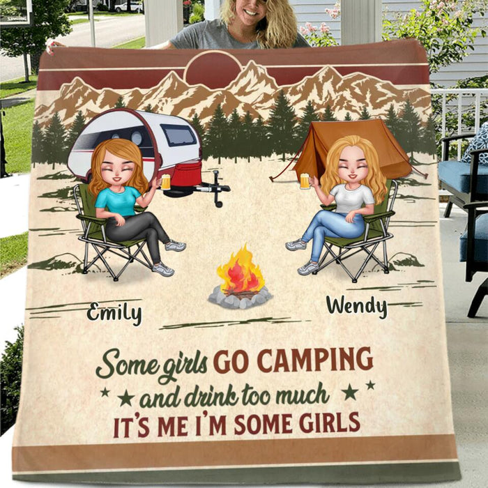 Personalized Camping Friends Quilt/Fleece Blanket - Up to 7 Friends - Gift Idea For Friends/Besties/Camping Lovers - Some Girls Go Camping And Drink Too Much