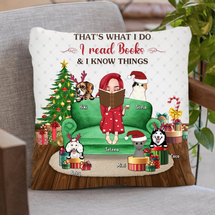 Personalized Reading Book Pillow Cover/Quilt/Fleece Blanket - Girl With Up to 5 Pets - Christmas Gift Idea For Book/Dog/Cat Lover - That's What I Do I Read Books & I Know Things