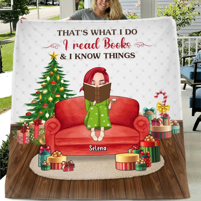 Personalized Reading Book Pillow Cover/Quilt/Fleece Blanket - Girl With Up to 5 Pets - Christmas Gift Idea For Book/Dog/Cat Lover - That's What I Do I Read Books & I Know Things