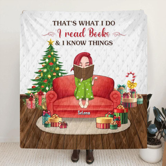 Personalized Reading Book Pillow Cover/Quilt/Fleece Blanket - Girl With Up to 5 Pets - Christmas Gift Idea For Book/Dog/Cat Lover - That's What I Do I Read Books & I Know Things