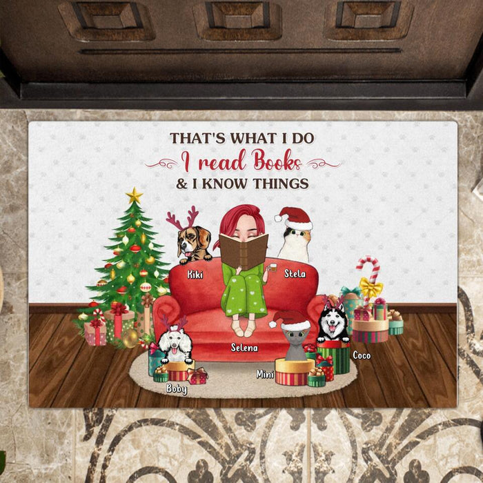 Personalized Reading Book Doormat - Girl With Up to 5 Pets - Christmas Gift Idea For Book/Dog/Cat Lover - That's What I Do I Read Books & I Know Things