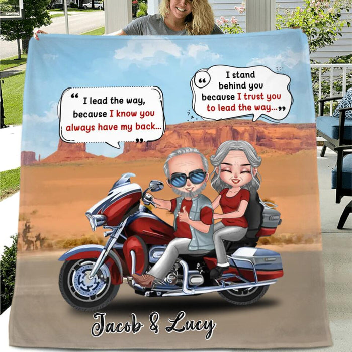Personalized Old Biker Couple Fleece/Quilt Blanket - Gift Idea For Couple/Biker - I Lead The Way Because I Know You Always Have My Back