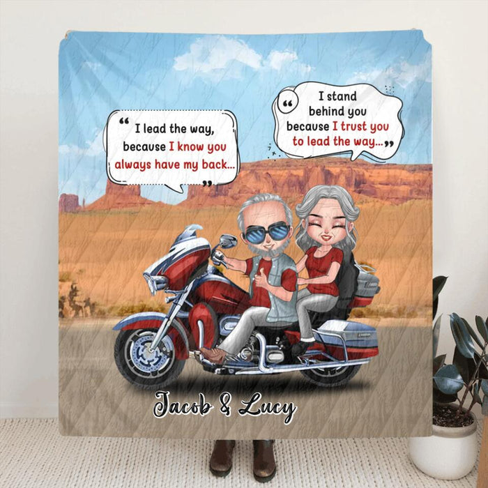 Personalized Old Biker Couple Fleece/Quilt Blanket - Gift Idea For Couple/Biker - I Lead The Way Because I Know You Always Have My Back