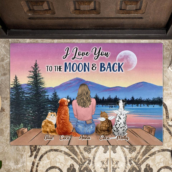 Personalized Memorial Pet Mom/Pet Dad Doormat - Up to 4 Pets - Memorial Gift For Dog/Cat Lover - I Love You To The Moon & Back