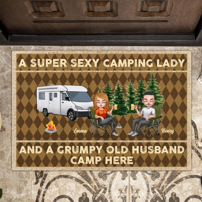 Personalized Camping Couple Doormat - Gift Idea For Couple/Camping Lover - A Super Sexy Camping Lady And A Grumpy Old Husband Camp Here