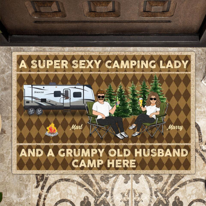 Personalized Camping Couple Doormat - Gift Idea For Camping Lover/Couple Gift - A Super Sexy Camping Lady And A Grumpy Old Husband Camp Here