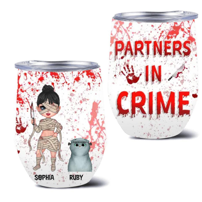 Personalized Halloween Wine Tumbler - Gift Idea For Best Friend/Halloween/Cat Lover with up to 4 Cats - Partners In Crime