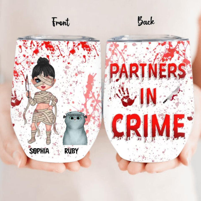 Personalized Halloween Wine Tumbler - Gift Idea For Best Friend/Halloween/Cat Lover with up to 4 Cats - Partners In Crime