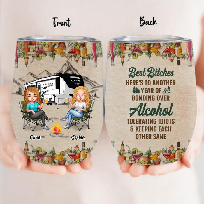 Personalized Camping Friends Wine Tumbler - Up to 7 People - Gift Idea For Friends/Camping Lover - Here's To Another Year Of Bonding Over Alcohol