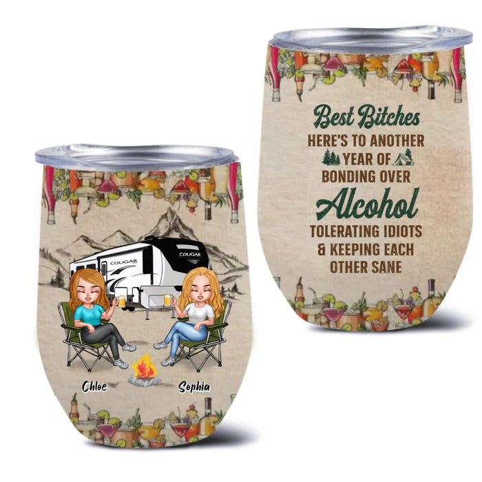 Personalized Camping Friends Wine Tumbler - Up to 7 People - Gift Idea For Friends/Camping Lover - Here's To Another Year Of Bonding Over Alcohol