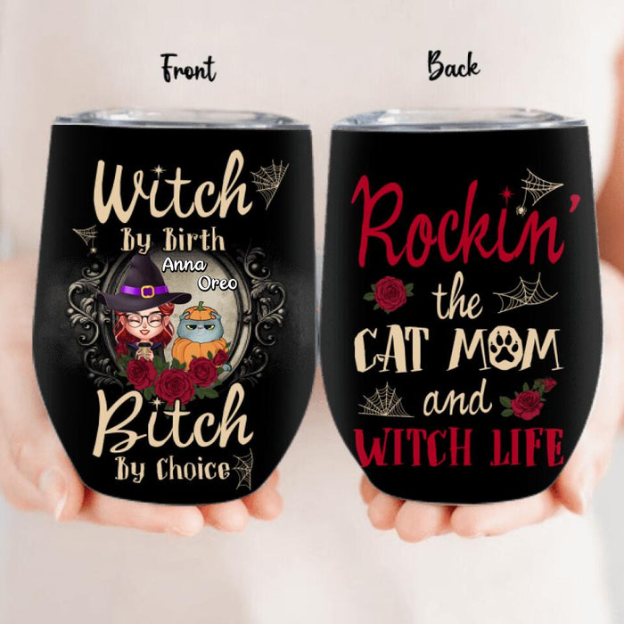 Personalized Halloween Cat Mom Wine Tumbler - Gift Idea For Halloween/Cat Lover with up to 4 Cats - Rockin' The Cat Mom and Witch Life