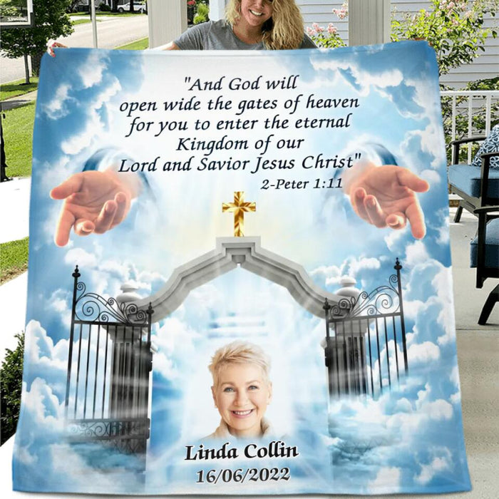 Personalized Memorial Photo Quilt/Fleece Blanket - Upload Photo - Memorial Gift Idea For Family Member - And God Will Open Wide The Gates Of Heaven For You