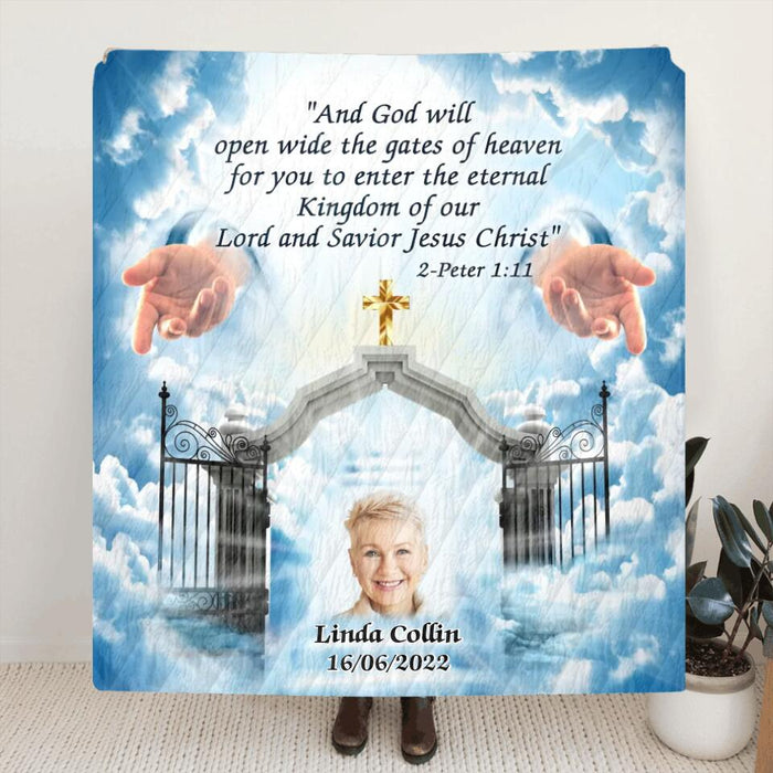 Personalized Memorial Photo Quilt/Fleece Blanket - Upload Photo - Memorial Gift Idea For Family Member - And God Will Open Wide The Gates Of Heaven For You